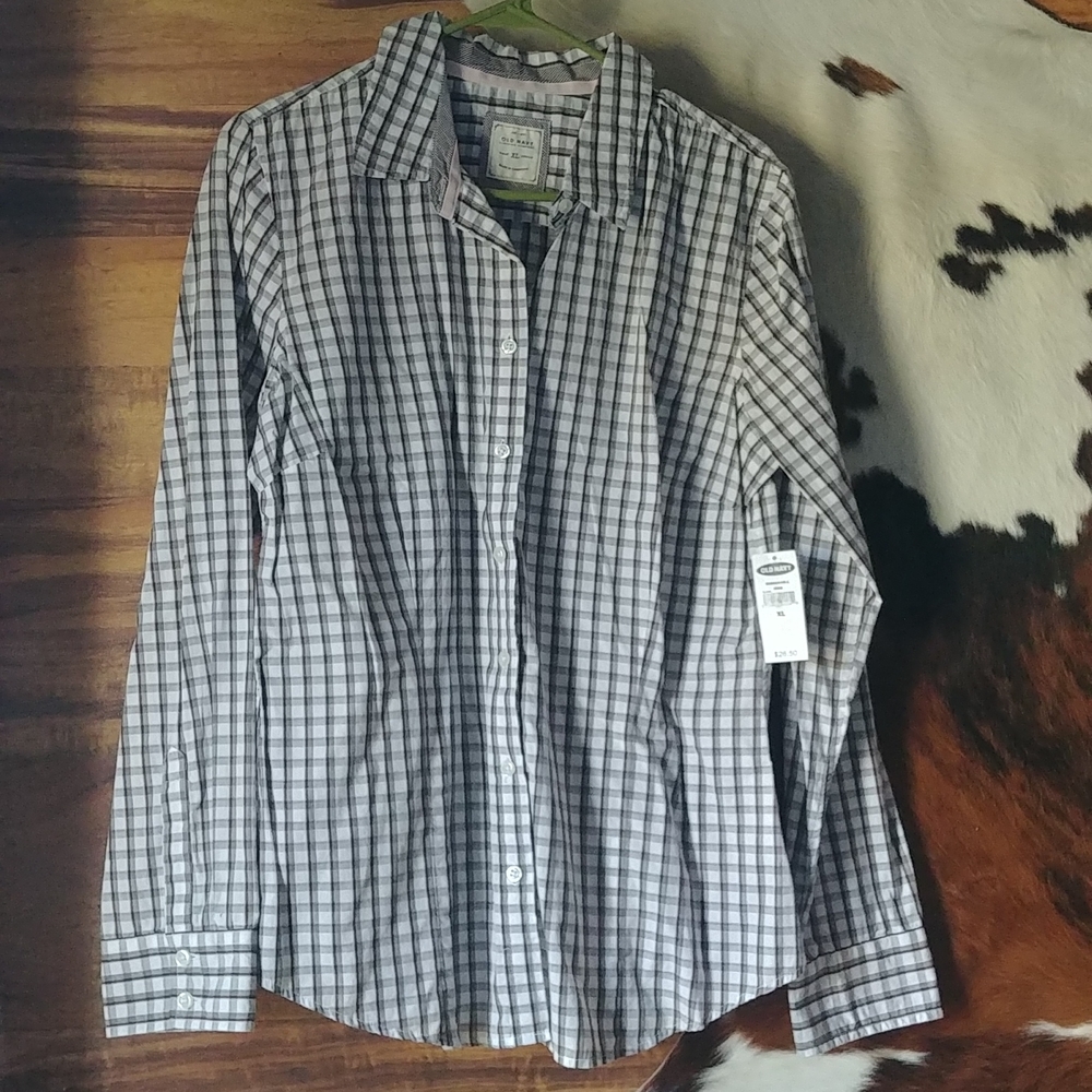 NWT Old Navy Womens White Black Brown Plaid Button Down Shirt Size XL Y2K